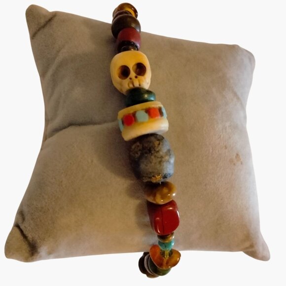 Skull Horse Fetish Bracelet Calaveras Vintage Handmade Beaded Charm Day of Dead - Picture 3 of 9